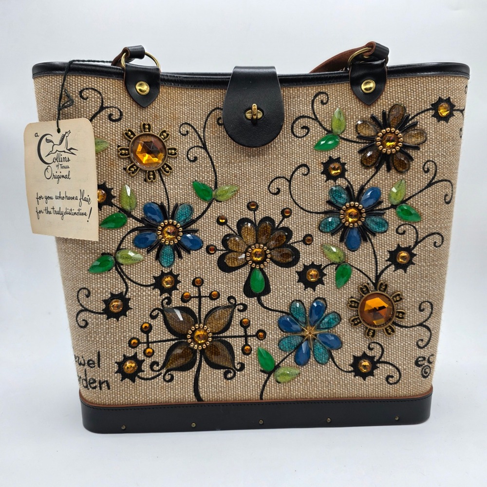 Enid Collins of Texas Jewel Garden Vintage 1960s Canvas Jewel Tote Bag Handbag
